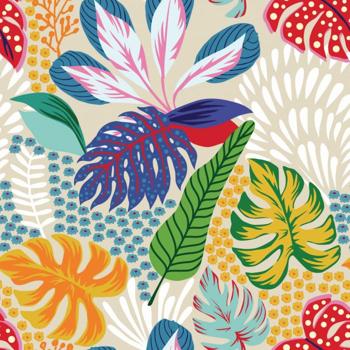 Bright and Abstract Tropical Leaves and Flowers Wallpaper Pattern