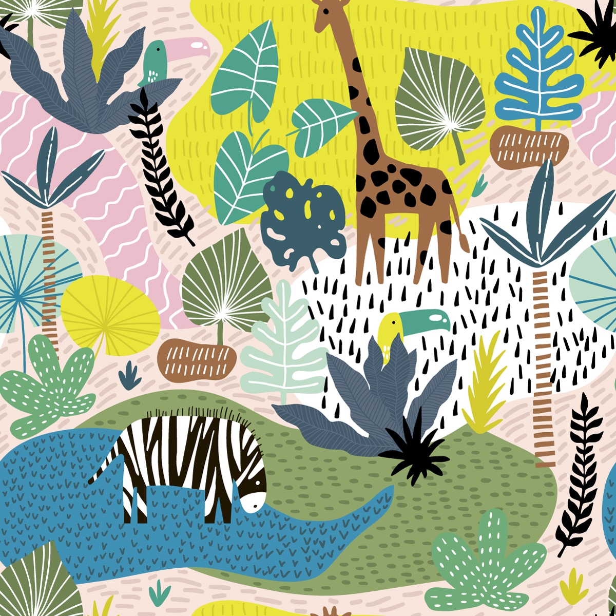 Kids Bright Colourful Cartoon Jungle Animals Wallpaper Pattern - Wall to  Wall Graphics