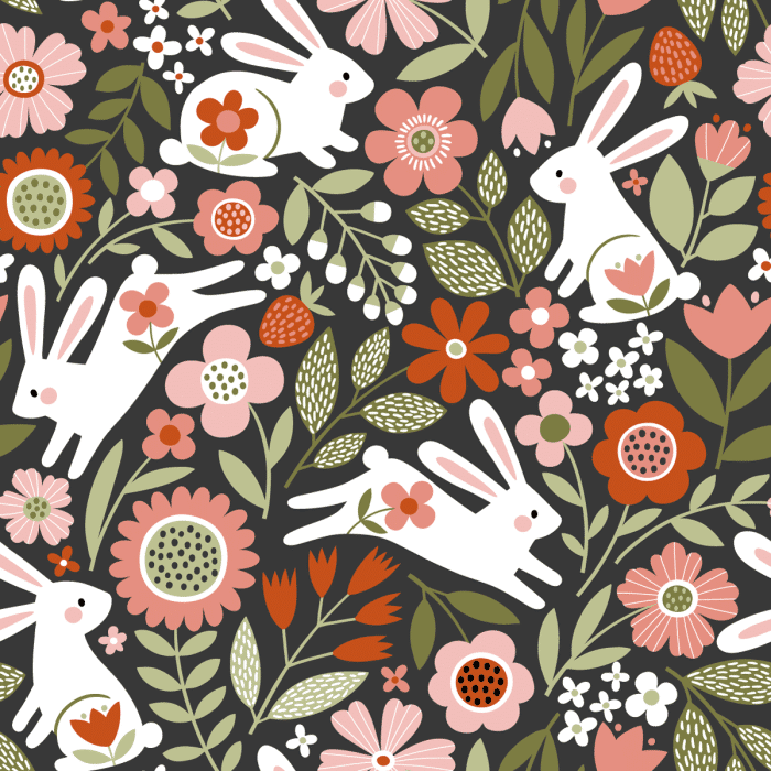 Kids Bright Colourful Cartoon Floral Rabbits Wallpaper Pattern
