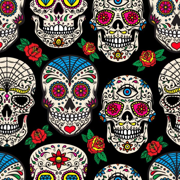 Bright Mexican Sugar Skulls and Roses Wallpaper Pattern