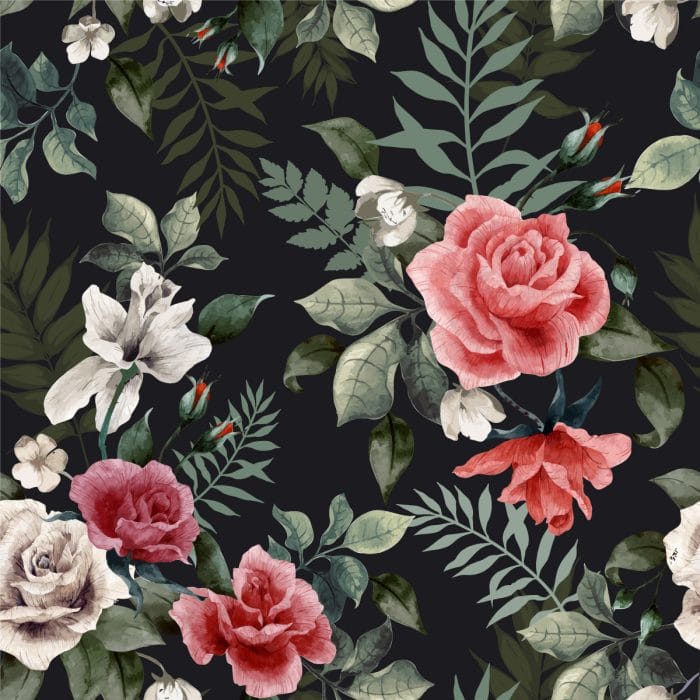 Dark Roses, Flowers and Leaves Elegant Floral Wallpaper Pattern - Image 2