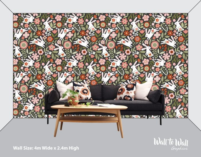 Kids Bright Colourful Cartoon Floral Rabbits Wallpaper Pattern - Image 2