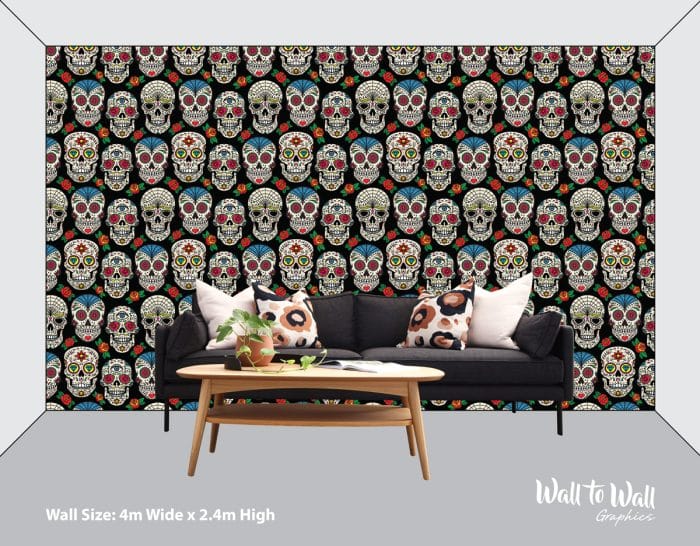 Bright Mexican Sugar Skulls and Roses Wallpaper Pattern - Image 2