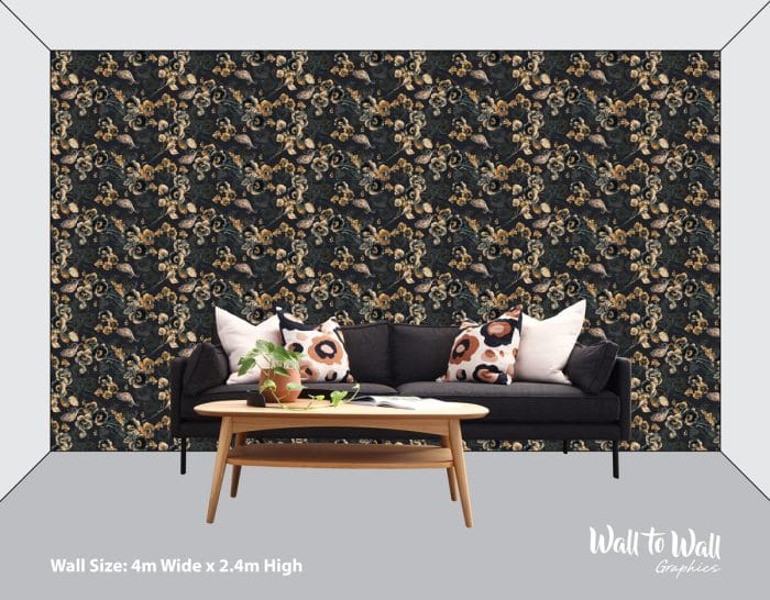 Navy and Gold Elegant Flowers and Fish Wallpaper Pattern - Image 3