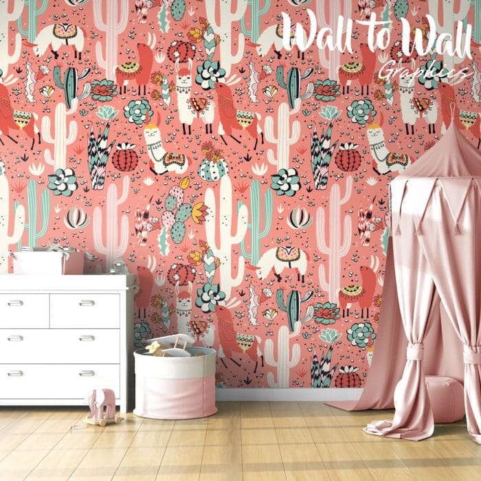 Kids Cute Cartoon Llamas and Cactus Desert Wallpaper Pattern - Image 2