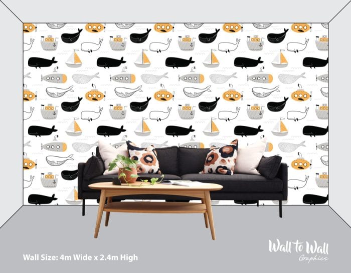 Kids Cartoon Happy Whales, Boats and Submarines Wallpaper Pattern - Image 2