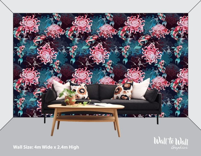 Japanese Style Koi Fish and Chrysanthemum Flower Wallpaper Pattern - Image 2