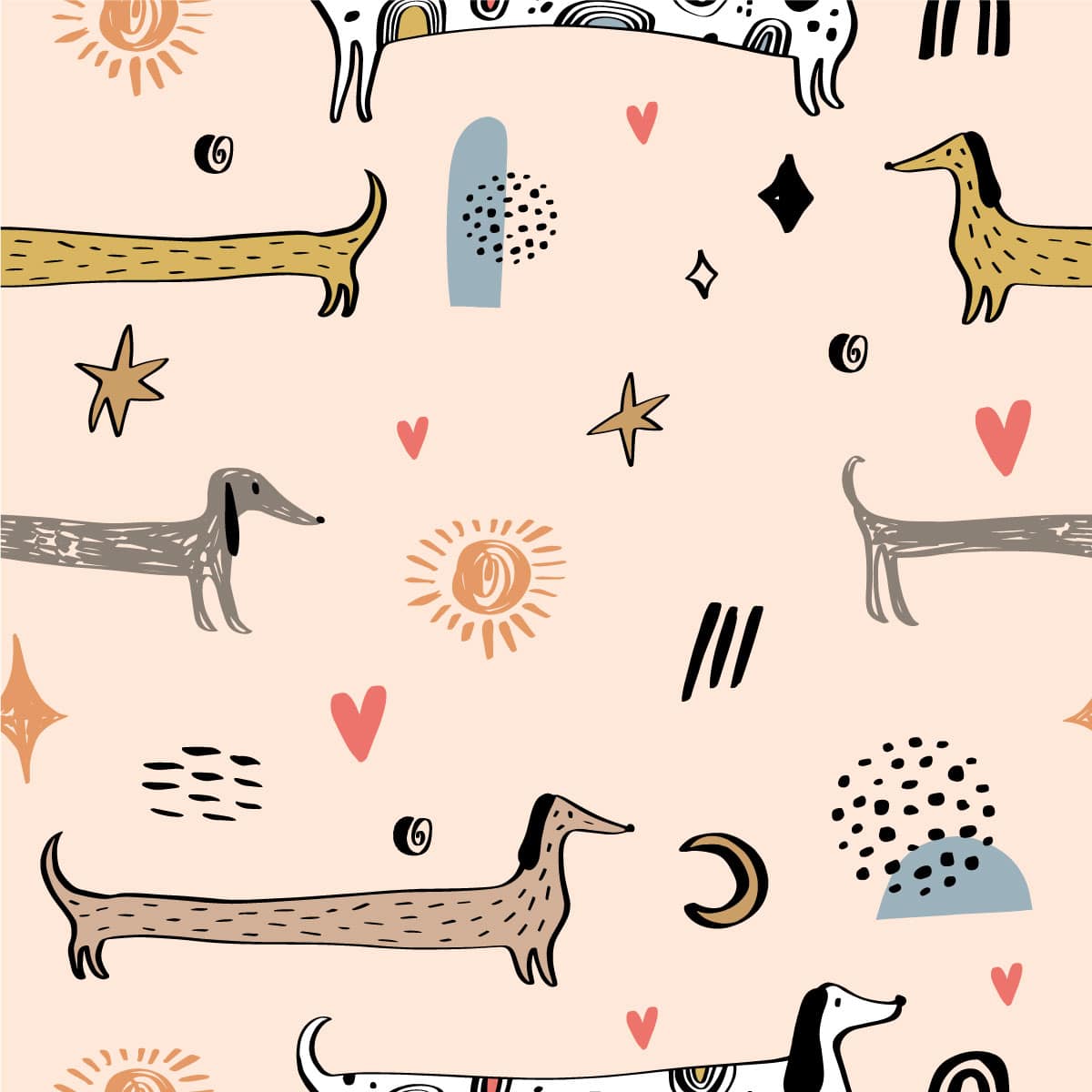 Kids Cute Pastel Cartoon Sausage Dog Wallpaper Pattern - Wall to Wall  Graphics