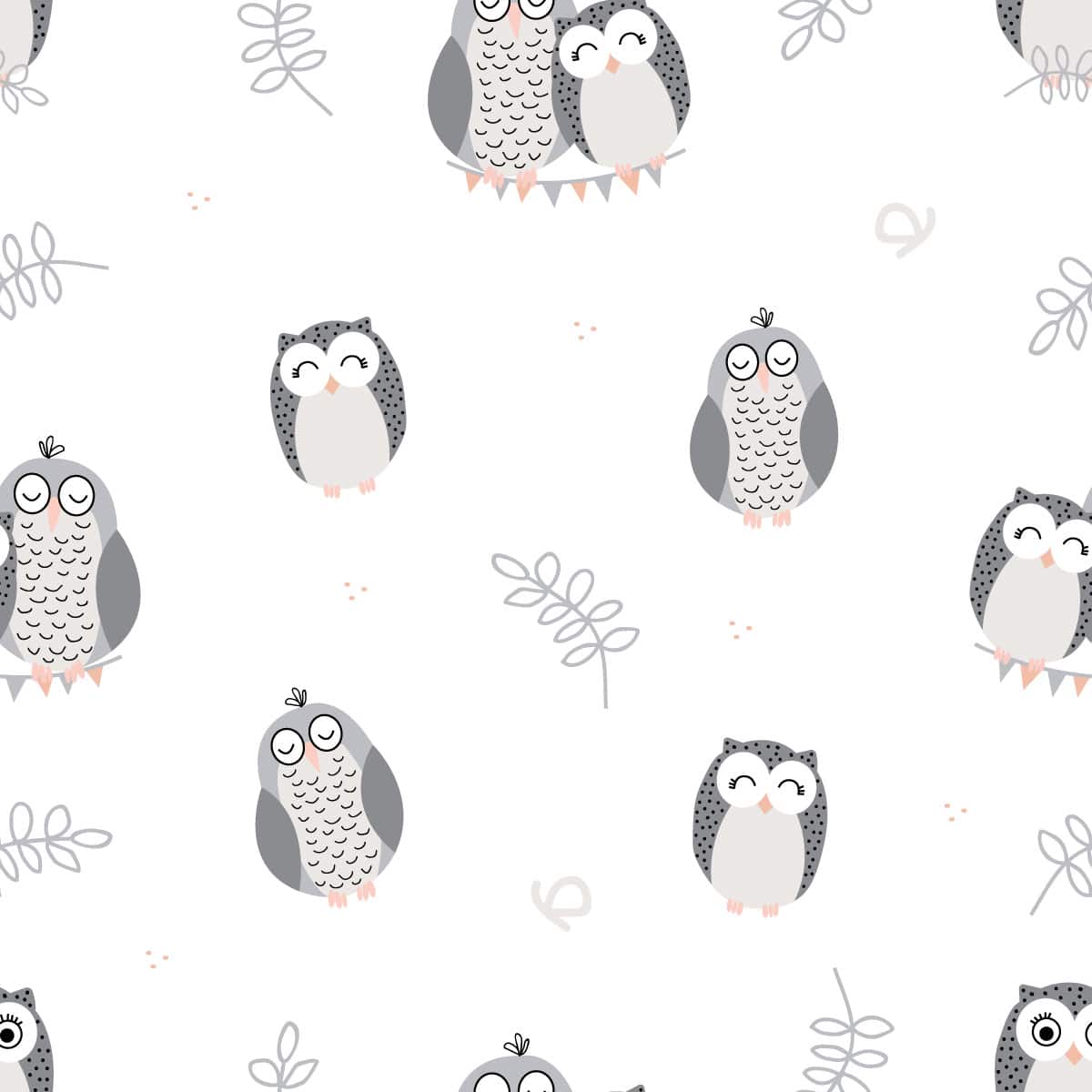Kids Cute Cartoon Owls and Leaves Wallpaper Pattern - Wall to Wall Graphics