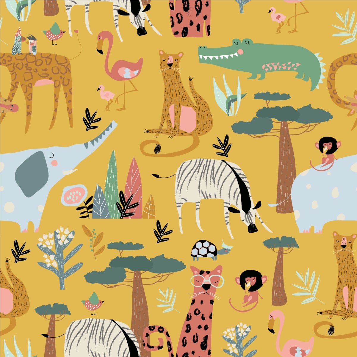 Kids Bright Colourful Cartoon Savanna Animals Wallpaper Pattern - Wall to  Wall Graphics